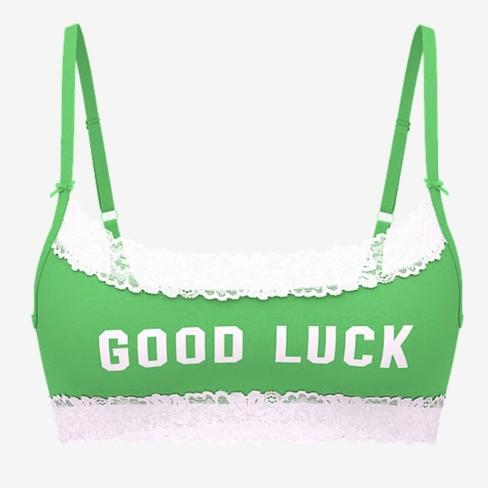 Victoria's Secret PINK Cotton LaceTrim Bralette Wild Green Good Luck ☘️